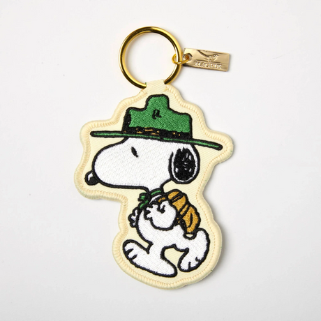 Embroidered Snoopy camp scout key charm with brass key ring and green hat
