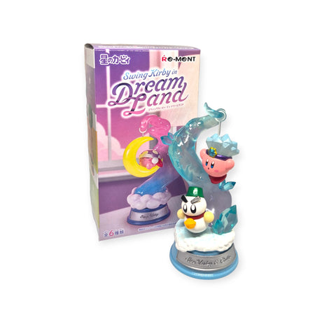 This Re-Ment Kirby Blind Box from the Dream Land series includes a collectible figurine of Kirby delicately situated on a star-shaped swing, complete with an enchanting blue base.