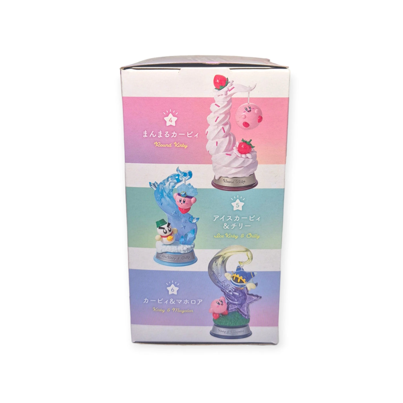 The Re-Ment Kirby Blind Box - Swing in Dream Land features three enchanting Kirby figures styled as desserts: a sundae, an ice cream cone, and a magical swirl. Each figure is beautifully detailed with charming elements such as cherries and an endearing wizard hat.