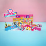 A vibrant showcase of Re-Ment Kirby's Pupupu Market Blind Box collectibles, featuring miniature toy groceries and charming Kirby characters in a delightful market scene. Decorated with candy and assorted items, it includes a shopping cart and shelves set against a lively pink and blue background, embodying the whimsical allure of blind box surprises.