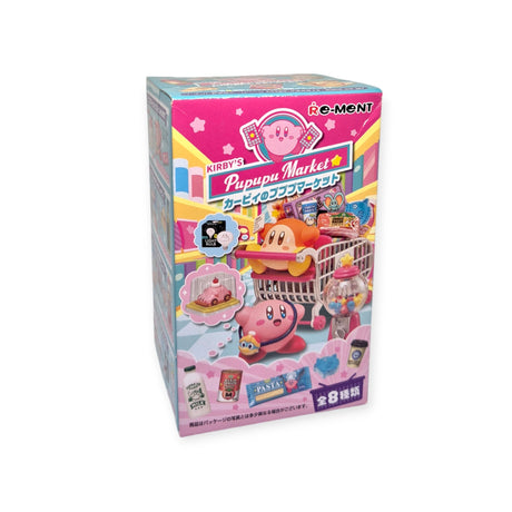 The packaging for Re-Ment's Kirby's Pupupu Market Blind Box showcases vibrant illustrations of Kirby with grocery cart items, encapsulating the thrill and surprise of uncovering charming Re-Ment miniatures inside.