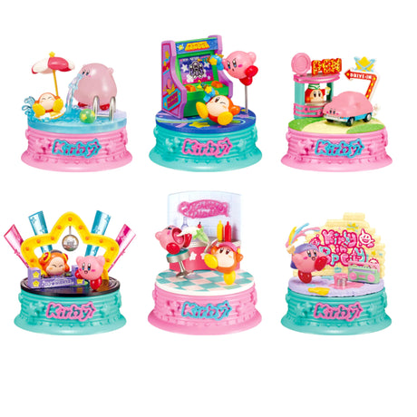 The Kirby in Pop City Blind Box by Kirby features six vibrant figurines on round bases, showcasing Kirby and friends in playful city scenes like swimming, arcade gaming, driving, and dining.