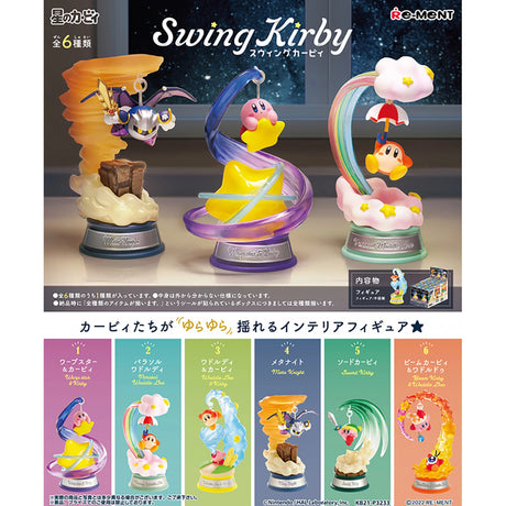 Three figures featuring characters from the Kirby series are displayed with colorful bases, capturing the mystery and excitement typical of a Re-Ment Kirby Swing Blind Box. The lower section showcases six different collectible options.