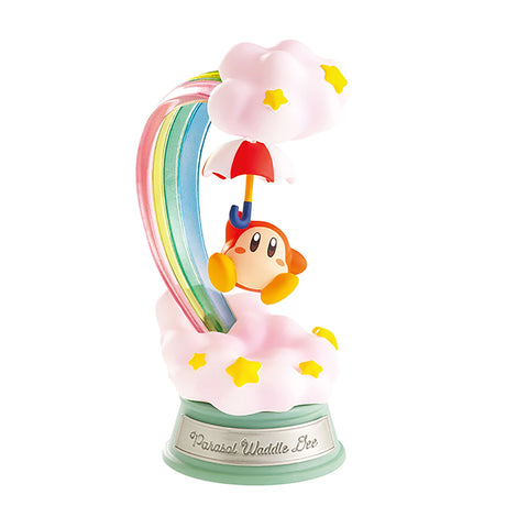 In a scene filled with clouds and stars, a mysterious Parasol Waddle Dee swings from a red umbrella against a rainbow backdrop. This charming figure is part of the Re-Ment Kirby Swing Blind Box collection, showcasing the whimsical charm of beloved Kirby characters.