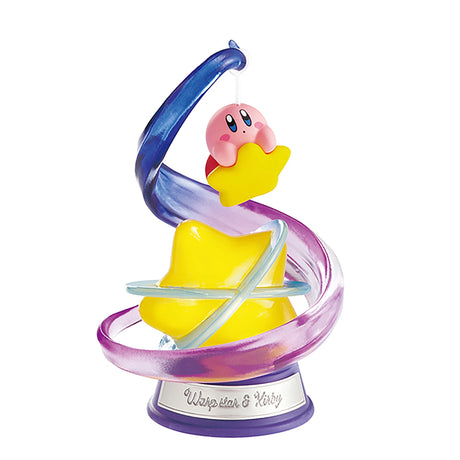 The Re-Ment Kirby Swing Blind Box showcases a captivating figure of a pink character perched on a yellow star, encircled by swirling blue and purple ribbons on a base.