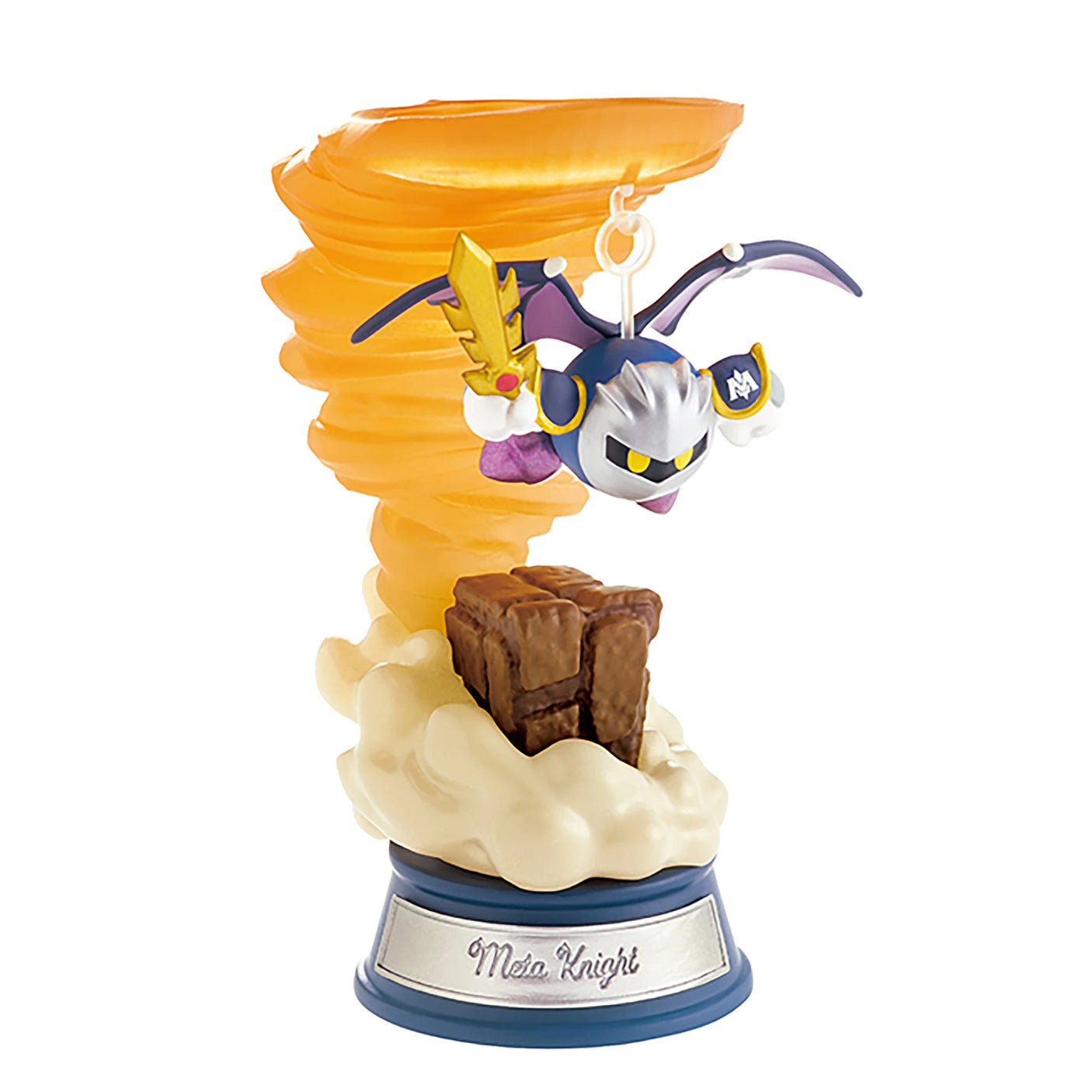 A captivating mystery figure from the Re-Ment Kirby Swing Blind Box features a Meta Knight figurine with wings and a sword, hovering near a rock and surrounded by a swirling orange tornado, all elegantly mounted on a base. This collectible piece is perfect for fans of the Kirby characters set.