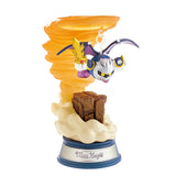 A captivating mystery figure from the Re-Ment Kirby Swing Blind Box features a Meta Knight figurine with wings and a sword, hovering near a rock and surrounded by a swirling orange tornado, all elegantly mounted on a base. This collectible piece is perfect for fans of the Kirby characters set.