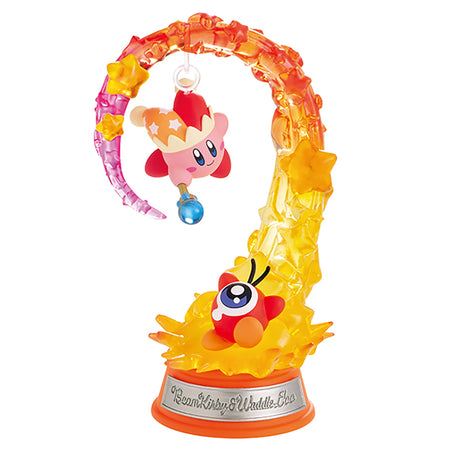 This captivating Re-Ment Kirby Swing Blind Box figurine showcases collectible Kirby characters, one decked out in a pink outfit adorned with stars and the other featuring a striking red body with a single eye. Both figures are elegantly posed on a fiery spiral base embellished with star motifs, making it an exciting mystery figure for fans!