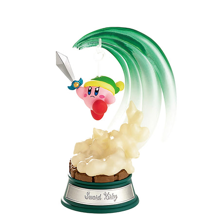 A charming figure from the Re-Ment Kirby Swing Blind Box series, this collectible features Sword Kirby wielding a sword amidst swirling green energy. The figurine is set atop a cloudy base that reads "Sword Kirby," capturing the enchanting essence of a mystery character in Re-Ment's captivating collection.