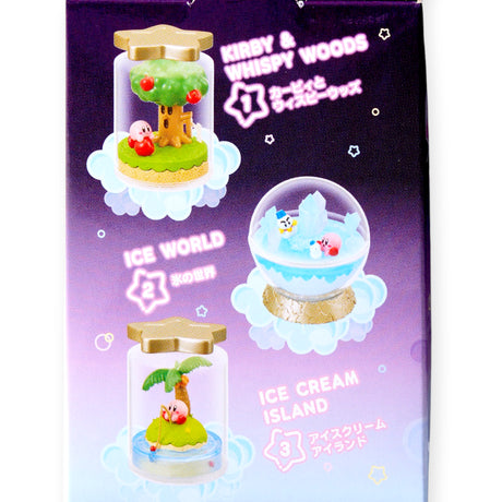 Kirby terrarium blind box packaging with two clear jars, gold lids, and landscape figures