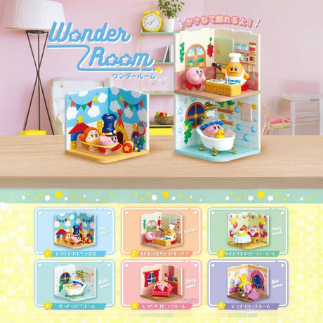 Kirby Wonder Room Blind Box set showing three detailed miniature rooms with Kirby and friends, promo set image one