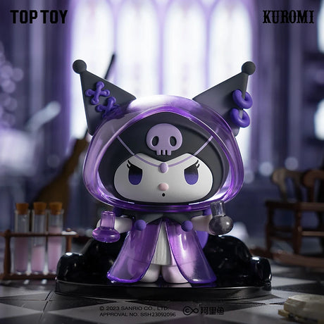 Kuromi figure in black and purple wizard costume holding potion bottles on detailed laboratory base