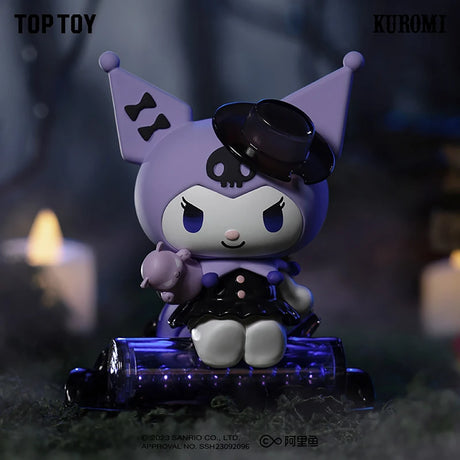 Kuromi figure in purple jester costume with skull detail wearing black hat sitting on glowing blue vial in dark setting