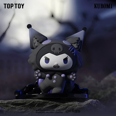 Kuromi figure in dark hooded costume with skull design and purple accents standing on rocky surface in moonlit setting
