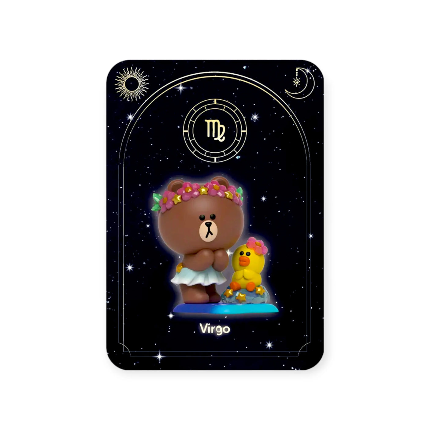 A cute bear figurine with a flower crown and a duck stands against a Virgo-themed starry background, part of Mighty Jaxx's Kwistal Line Horoscope Primus Blind Box Series.