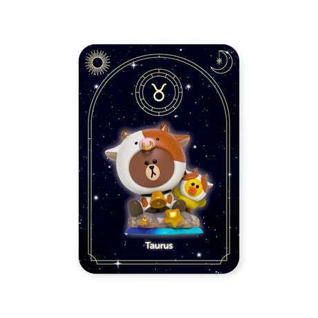 The Mighty Jaxx "Kwistal Line Horoscope Primus Blind Box" features a Kwistal bear figurine dressed as a cow, with a yellow chick, set against a zodiac-decorated starry background labeled "Taurus," bringing horoscope magic to life.