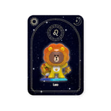 A cartoon bear in a lion costume stands against a starry backdrop with astrological symbols, featuring "Leo" at the bottom, as part of Mighty Jaxx's Kwistal Line Horoscope Primus Blind Box.