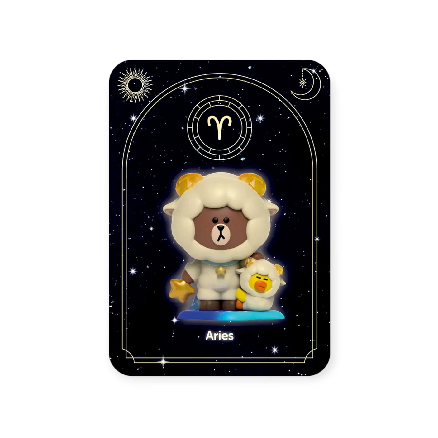 The Kwistal toy figure from the Mighty Jaxx - Kwistal Line Horoscope Primus Blind Box is dressed as a sheep with bear features, accompanied by a yellow duck on a starry "Aries" background. Discover this charming blind box collectible that brings your zodiac sign to life.