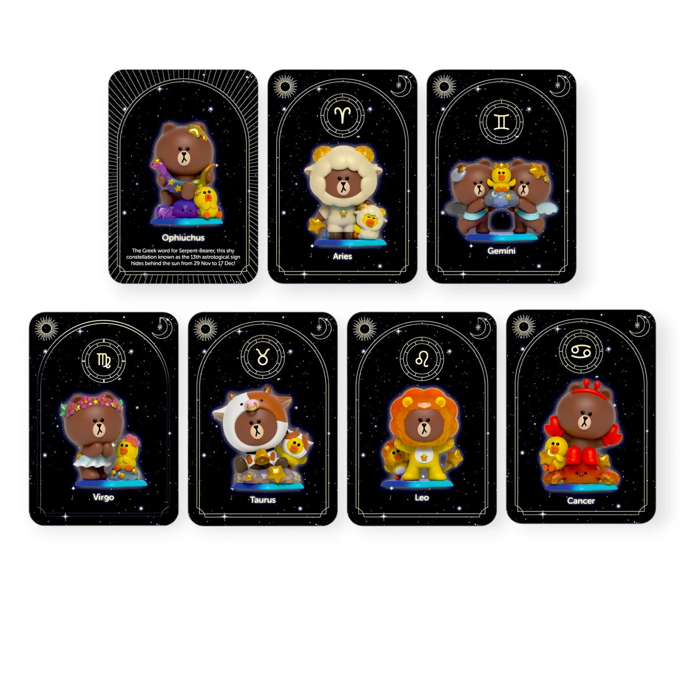 The Mighty Jaxx Kwistal Line Horoscope Primus Blind Box features seven zodiac-themed cards with bear characters for Ophiuchus, Aries, Gemini, Virgo, Taurus, Leo, and Cancer. Each card has a space-themed background and offers an exciting surprise element.