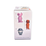 A box from Kyomu Animals Vol.3 Blind Box reveals miniature creatures, including a purple axolotl, an orange dachshund, and a gray lop-eared rabbit. The Japanese text suggests the magical world of Kyomu Animals.