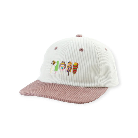 Cream corduroy cap with dusty rose brim embroidered with colorful Australian ice cream designs on front panel