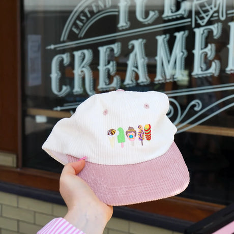 Cream corduroy hat with dusty pink brim embroidered with colorful Australian ice cream illustrations on front panel