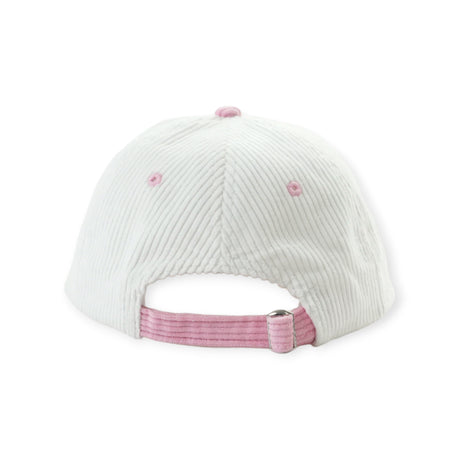 Rear view of white corduroy hat with pale pink adjustable strap and matching pink button on top