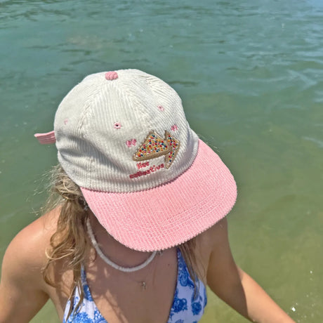 Cream corduroy hat with pale pink brim embroidered with colorful fairy bread slice and party text on front panel