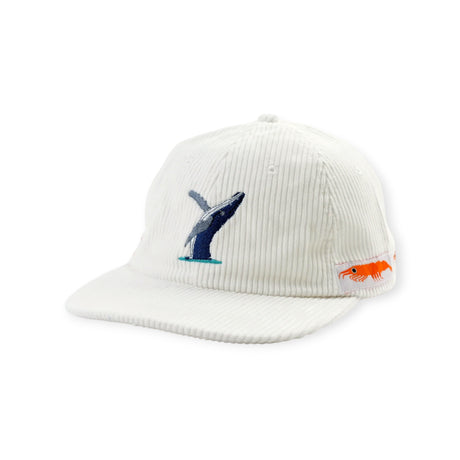 Off-white corduroy hat with embroidered breaching humpback whale on front and small orange lobster on side panel