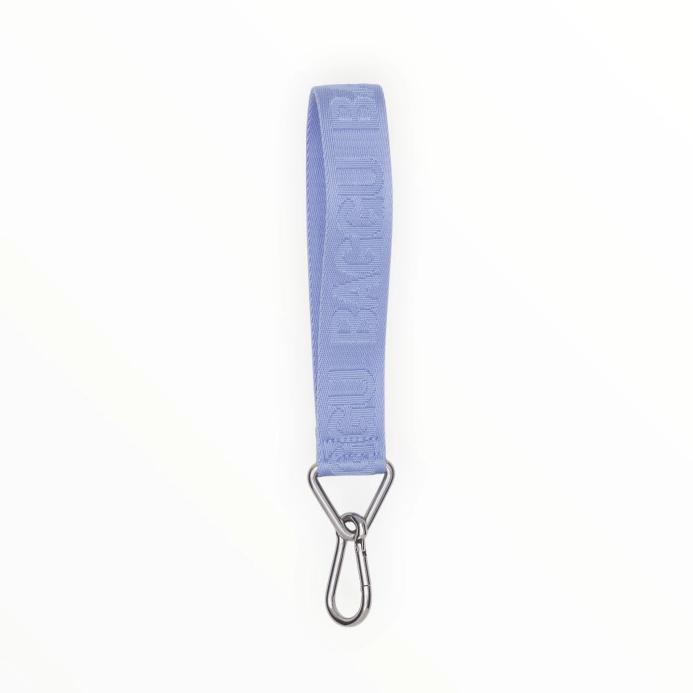 The Baggu Logo Keychain in French Blue, featuring the iconic Baggu logo, includes a sturdy metal clasp making it a perfect accessory for your daily essentials.