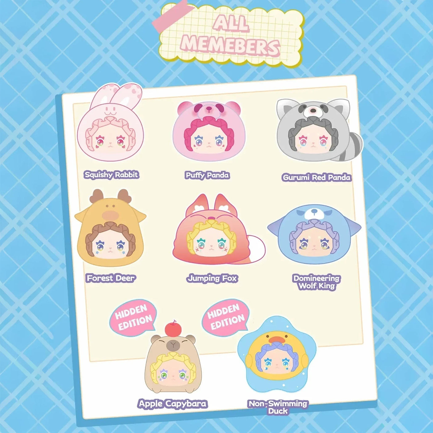 Plush bag charm blind box display card with character lineup icons and Hidden Edition