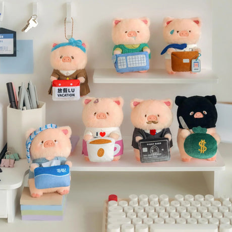 Assorted plush piggy office keychains with small accessory charms, including a piggy cup.