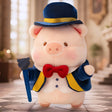Plush pig dressed in blue and yellow suit with red bowtie and blue hat holding a blue cane on tiled floor background