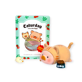 Caturday blind box figure: pig character with a small chick, with the boxed set behind