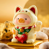 LuLu The Piggy - Lucky Cat Blind Box showing a piggy figurine in a white lucky cat costume holding a red fish by LuLu The Piggy