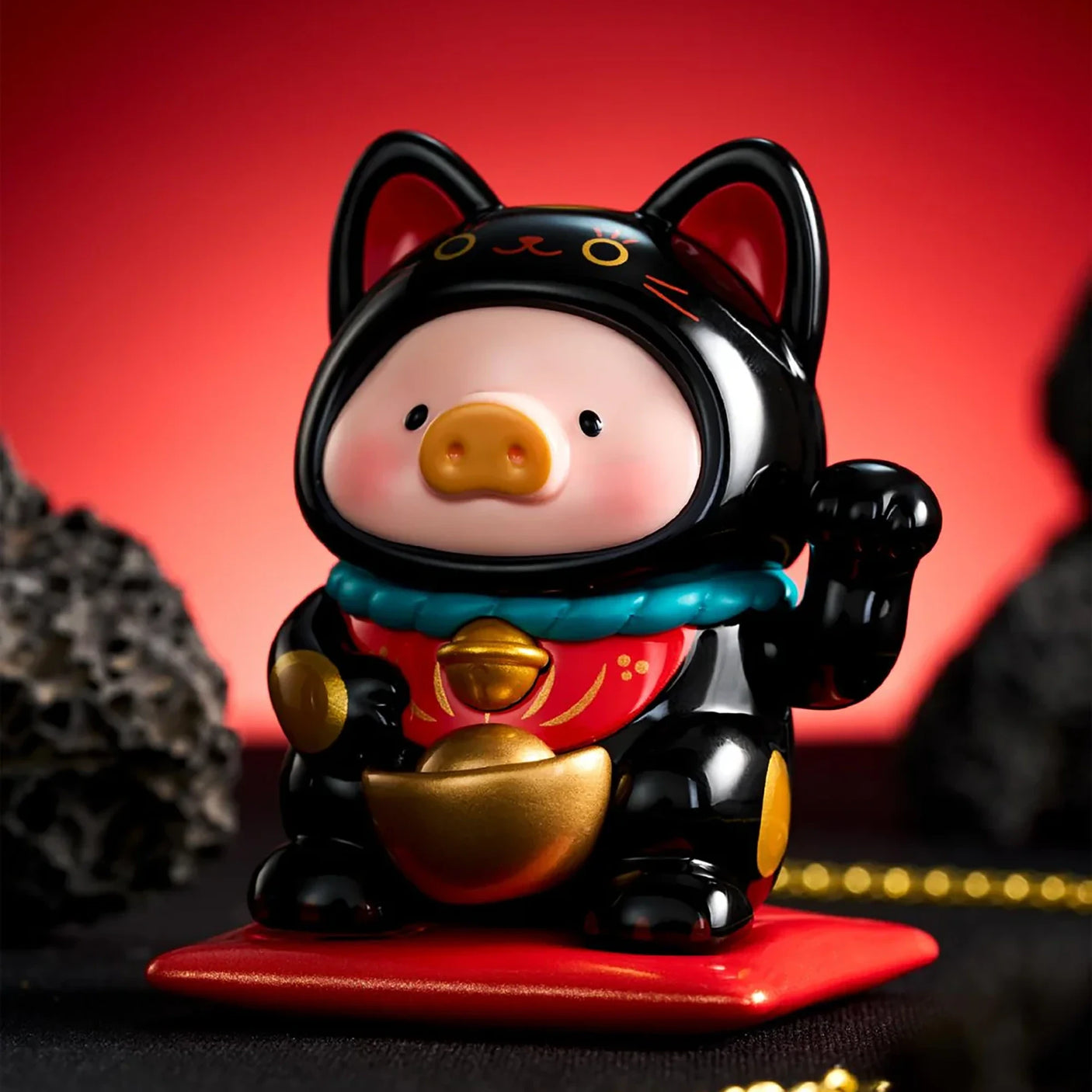 LuLu The Piggy - Lucky Cat Blind Box featuring a piggy figurine in a black lucky cat costume with gold accents by LuLu The Piggy