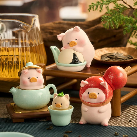 Four adorable pig figurines with tea and food accessories in a cozy, rustic setting with wooden accents