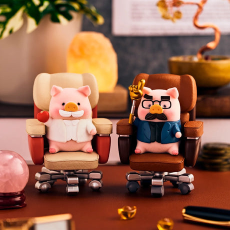 Piggy blind box figure with a character friend in office chairs with accessories