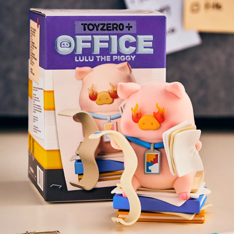 Piggy blind box figure wearing office accessories and holding a small paper stack