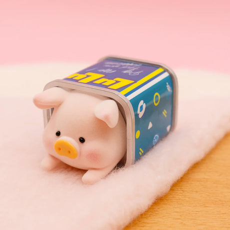 LuLu the Piggy Series 2 blind box figure peeking out of colorful secret can on soft pink fabric and wooden surface