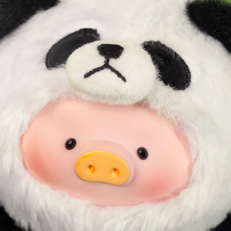Close-up shot of LuLu the Piggy plush keychain wearing a panda hood with detailed facial features, gallery 1