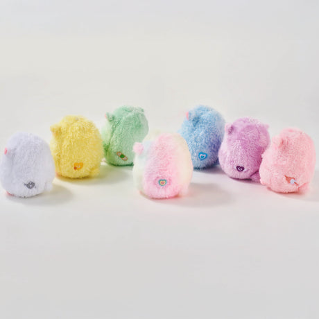 Six small pastel plush toys from LuLu The Piggy, including the Rainbow Sheep Plush Blind Box, in purple, yellow, green, multicolor, lavender, and pink are arranged in a row facing away on a white background.