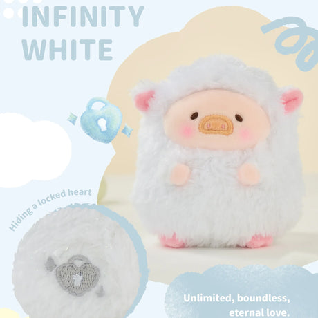 LuLu The Piggy - Rainbow Sheep Plush Blind Box features LuLu the Piggy in a fluffy costume, surrounded by cute heart and lock details. This adorable keychain plush from LuLu The Piggy is perfect for any collection.