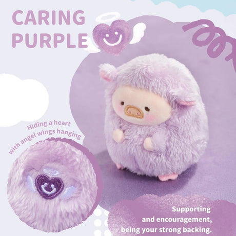 A small, round, purple LuLu The Piggy - Rainbow Sheep Plush Blind Box toy sits on a purple surface. An inset shows a heart with angel wings on its back. Text reads "CARING PURPLE," highlighting this keychain plush’s supportive nature.
