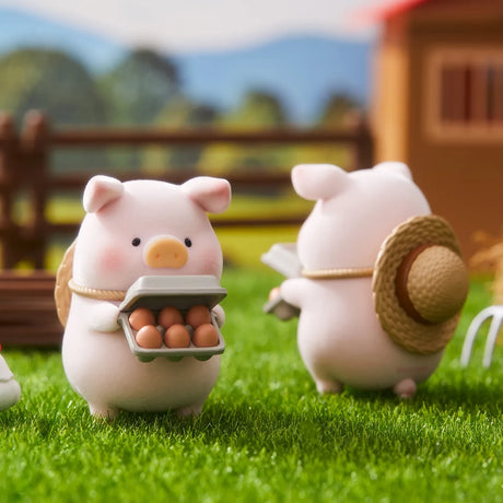 Two LuLu the Piggy figurines in farm setting, one holding carton of eggs and another wearing straw hat on grass