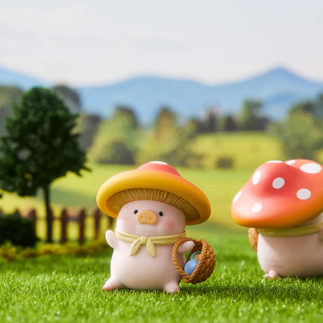 LuLu the Piggy figurine wearing a mushroom hat holding a basket with eggs on grass with mushroom and fence background