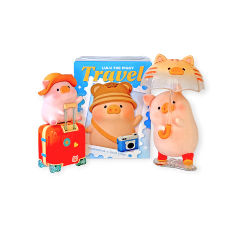 LuLu The Piggy - Travel Blind Box showing three pig figures with travel gear including suitcase, bear hat, and umbrella by LuLu The Piggy.