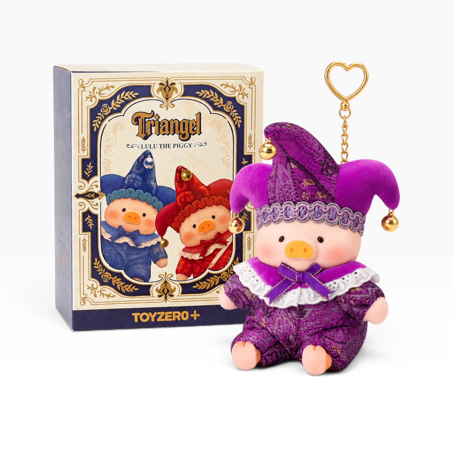 Tri-angel plush pig in purple outfit beside product box with three character design