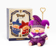 Tri-angel plush pig in purple outfit beside product box with three character design