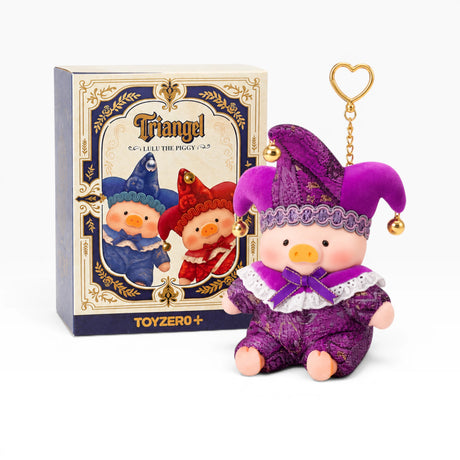 Tri-angel plush pig in purple outfit beside product box with three character design